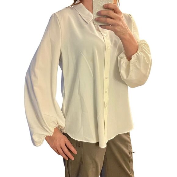 Neiman Marcus Elegant Ivory White Button Down Puff Sleeve Pirate Poet Blouse XL - Picture 7 of 12